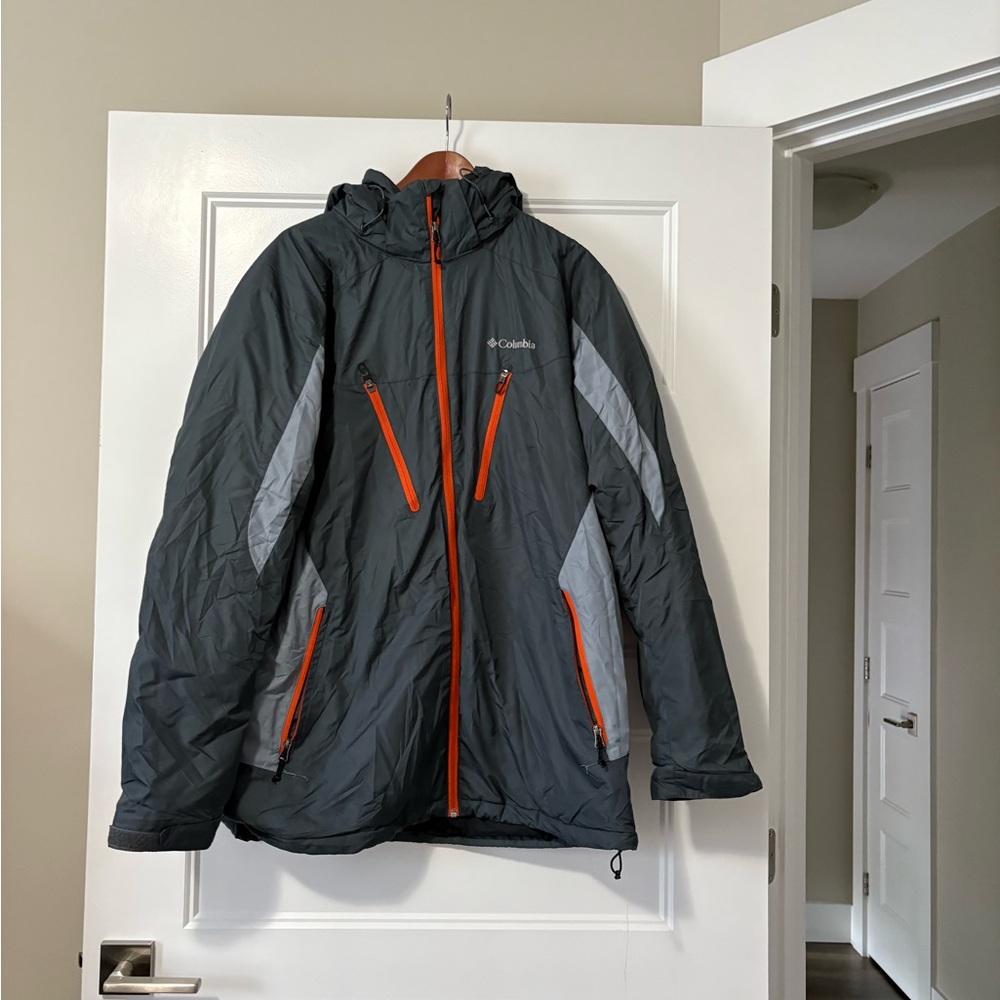 Columbia Mens Insulated Jacket  Large TallGray Orange Hooded Outdoor Lightweight